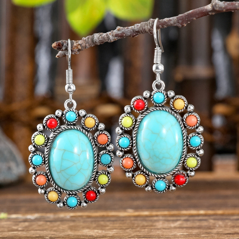 Wholesale Alloy Bohemian Hook Earrings Retro Ethnic Turquoise Oil-Drip Style for Women Gift Boutique Resale