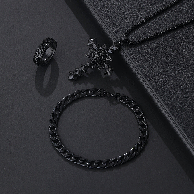 Wholesale Stylish Black Cross Crown Roman Numeral 3 Piece Jewelry Set Necklace Bracelet Ring Fashion Accessory Gift