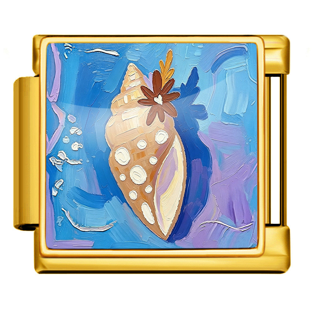 Wholesale Summer Beach Shell Square Painting Pattern Stainless Steel Bracelet DIY Fashion Accessory