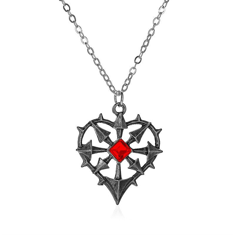 Wholesale Gothic Red Heart Pendant Necklace Alloy Cross Chain Vintage Tin Finish Fashion Accessory