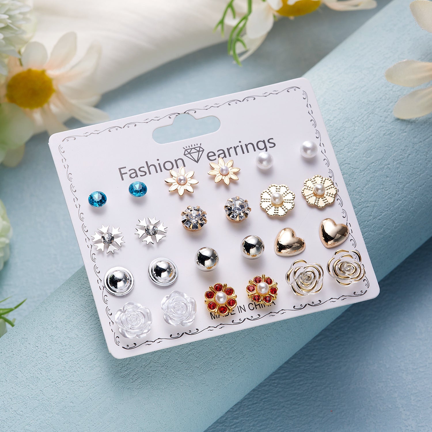 Wholesale month combination earrings 12 pairs of flowers love stars and moon diamond  earrings suit