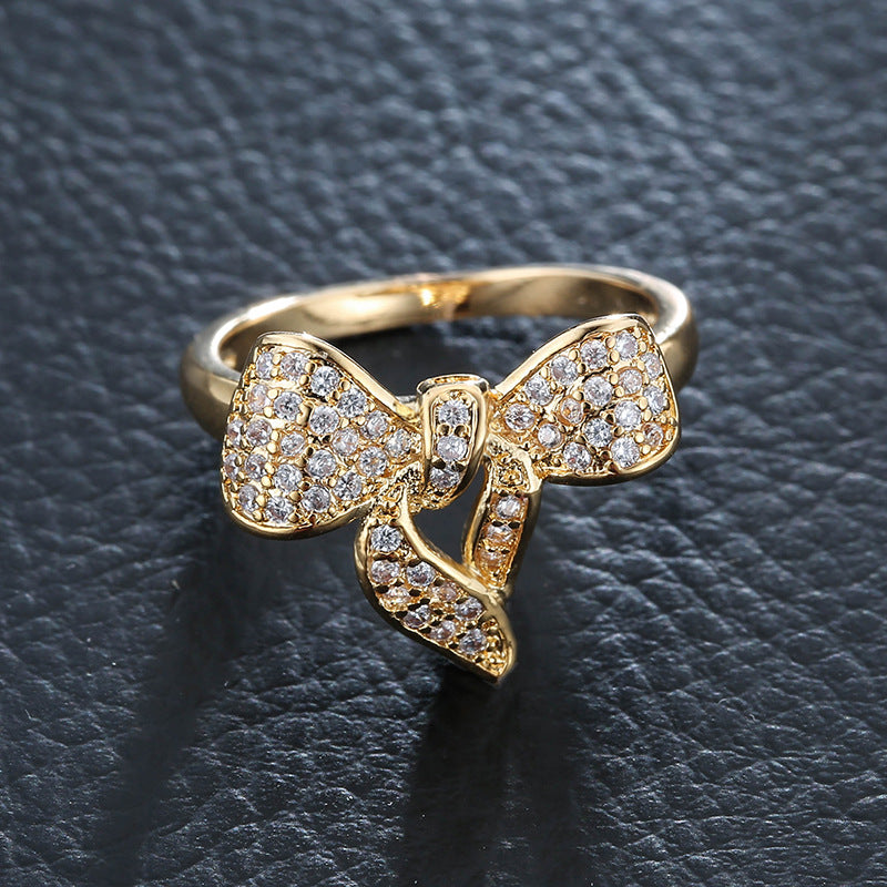 Wholesale Fashion Bow Rhinestone Ring,  Copper with Electroplated Finish,  Women' s Boutique Resale Jewelry Accessory