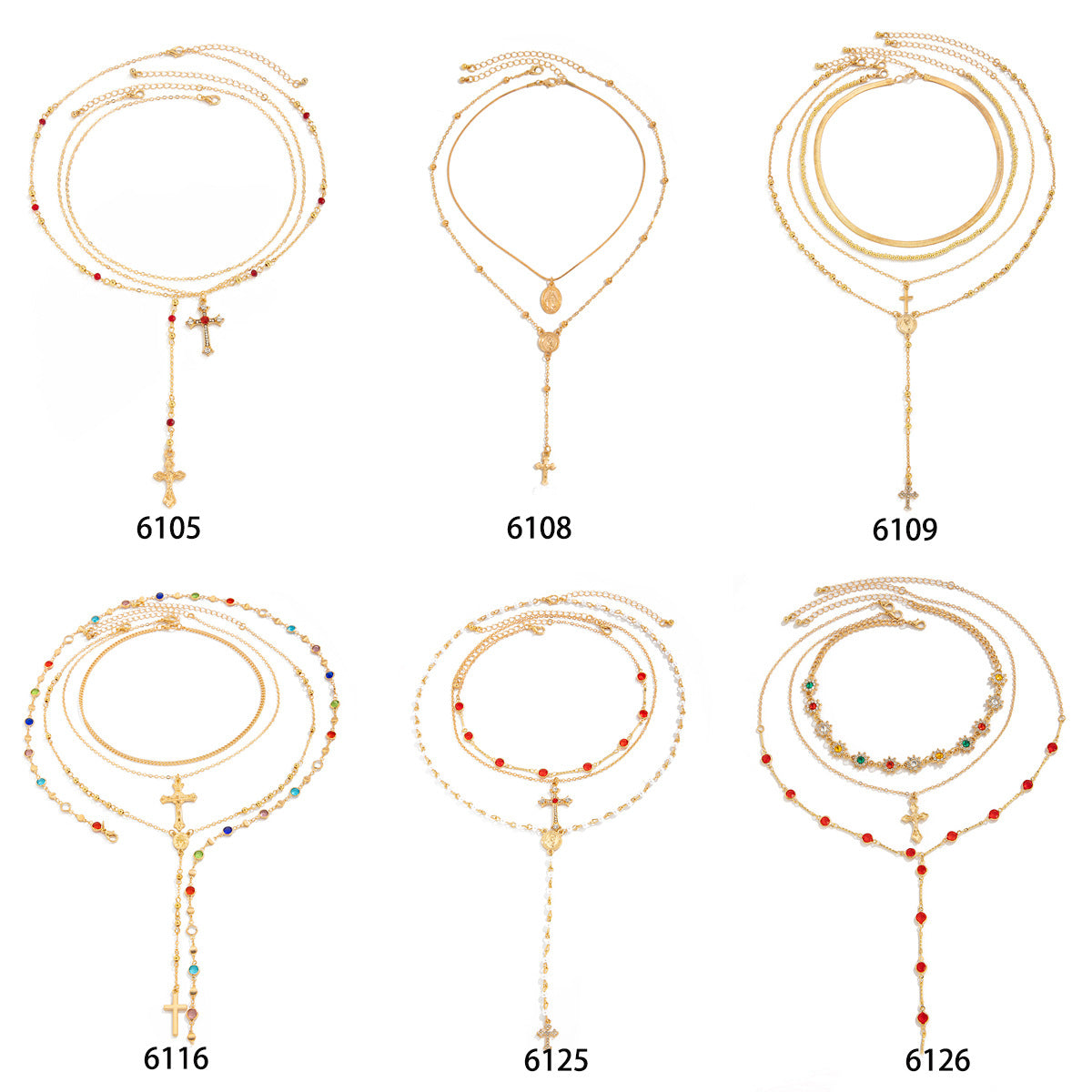 Wholesale Crystal Necklace Set with Diamond-Accented Cross and Small Flower Pendants