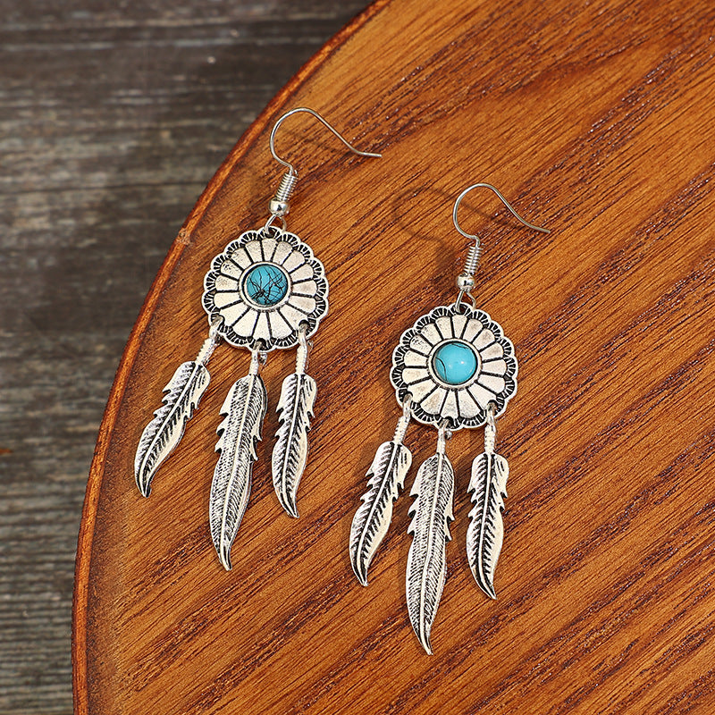 Wholesale Electroplated Alloy Retro Turquoise Dreamcatcher Feather Tassel Earrings Fashion Accessory