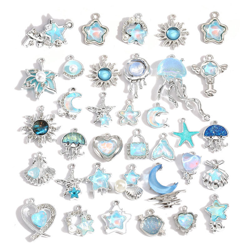 Wholesale Electroplated Zinc Alloy Blue Star Moon Resin Inlay Pendant Charms For DIY Jewelry Making Bag Charm Keychain Everyday Wear
