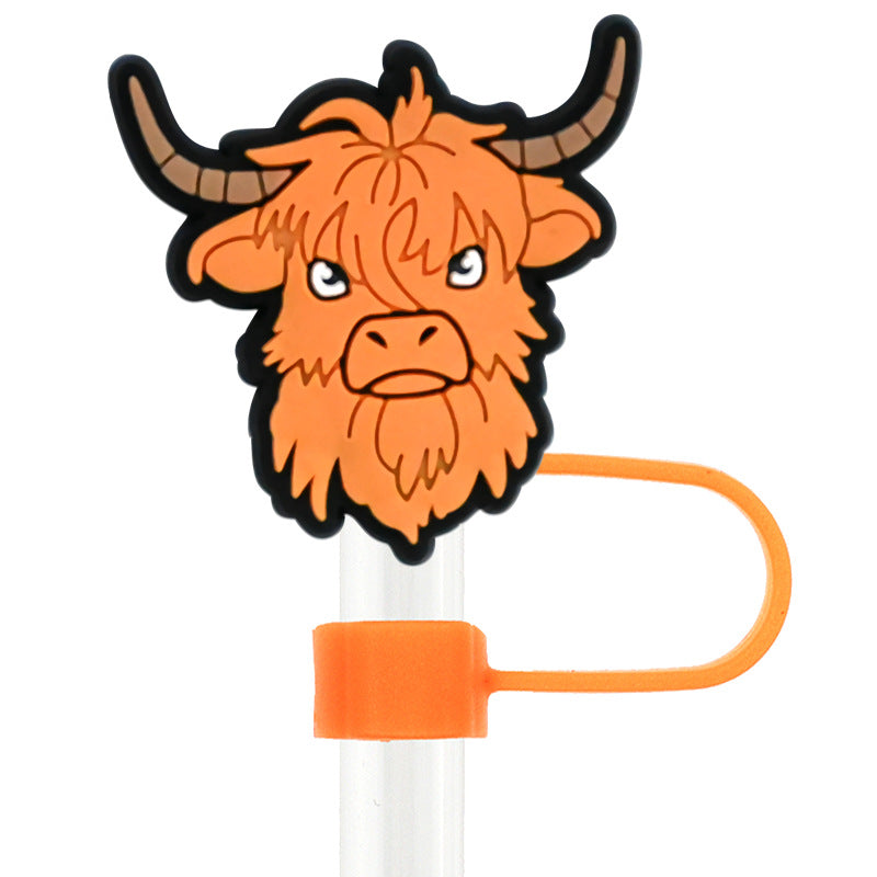 Wholesale Random 100pcs Cartoon West Highland Cattle 10mm Straw Tube Cap ACC-SCR-RYY064