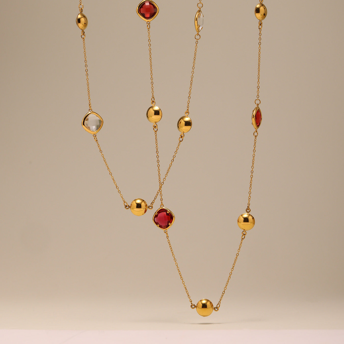 Wholesale Stainless steel Glass Stone Plated 18K Gold Long Necklace