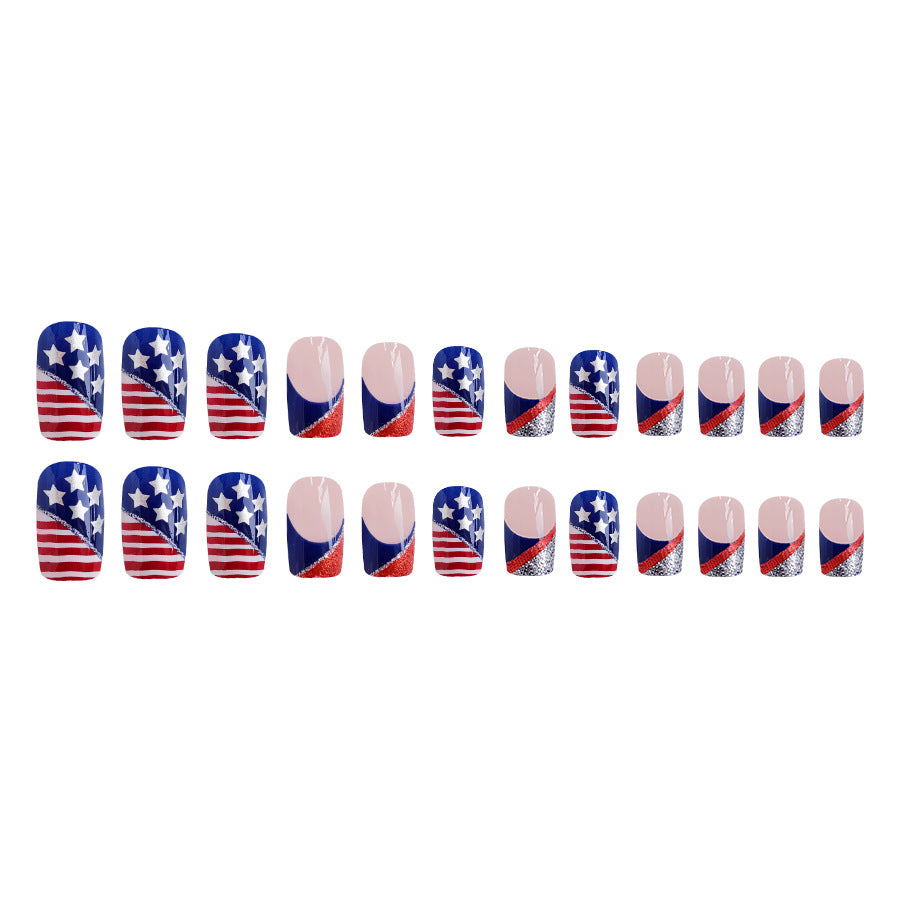 Wholesale 24 Pieces/box American Independence Day Short Glitter Striped Manicure Press-on Nails Kits Nail Stickers ACC-NS-GuaiXL014