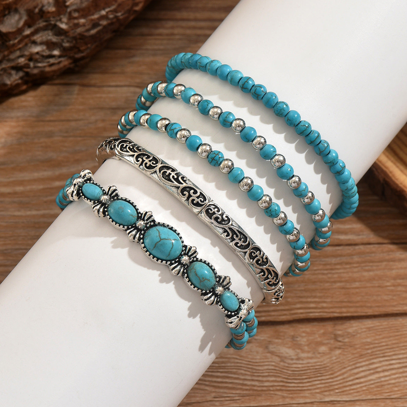 Wholesale Alloy Electroplated Bohemian Beaded Bow Bracelet Set - Retro Turquoise Inlaid,  Fashion Jewelry Accessory for Everyday Wear