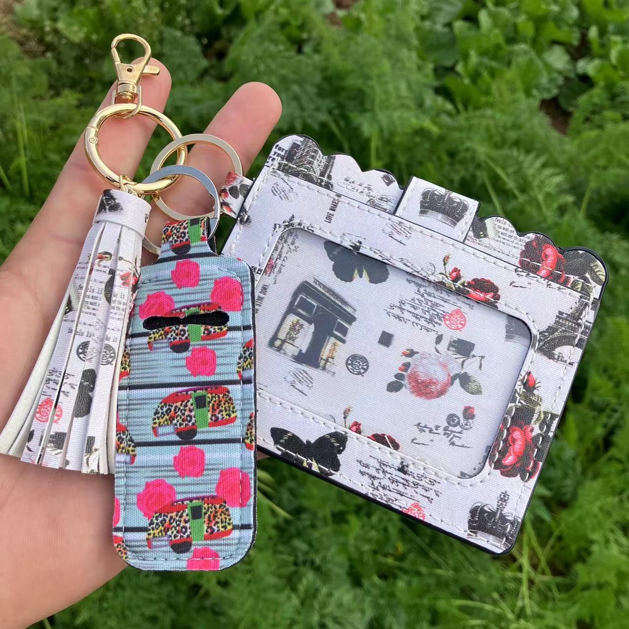 Wholesale Leopard Print Sunflower Butterfly Lipstick Case Card Holder Keychain Wristlet Keychain ACC-KC-QiuXue018