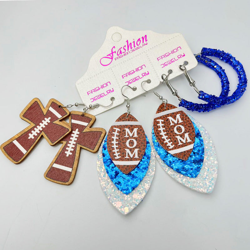 Wholesale 2 Sets Cross Glitter Earrings Rugby Stadium Cheer Football MOM Leather Earrings Set ACC-ES-HY126