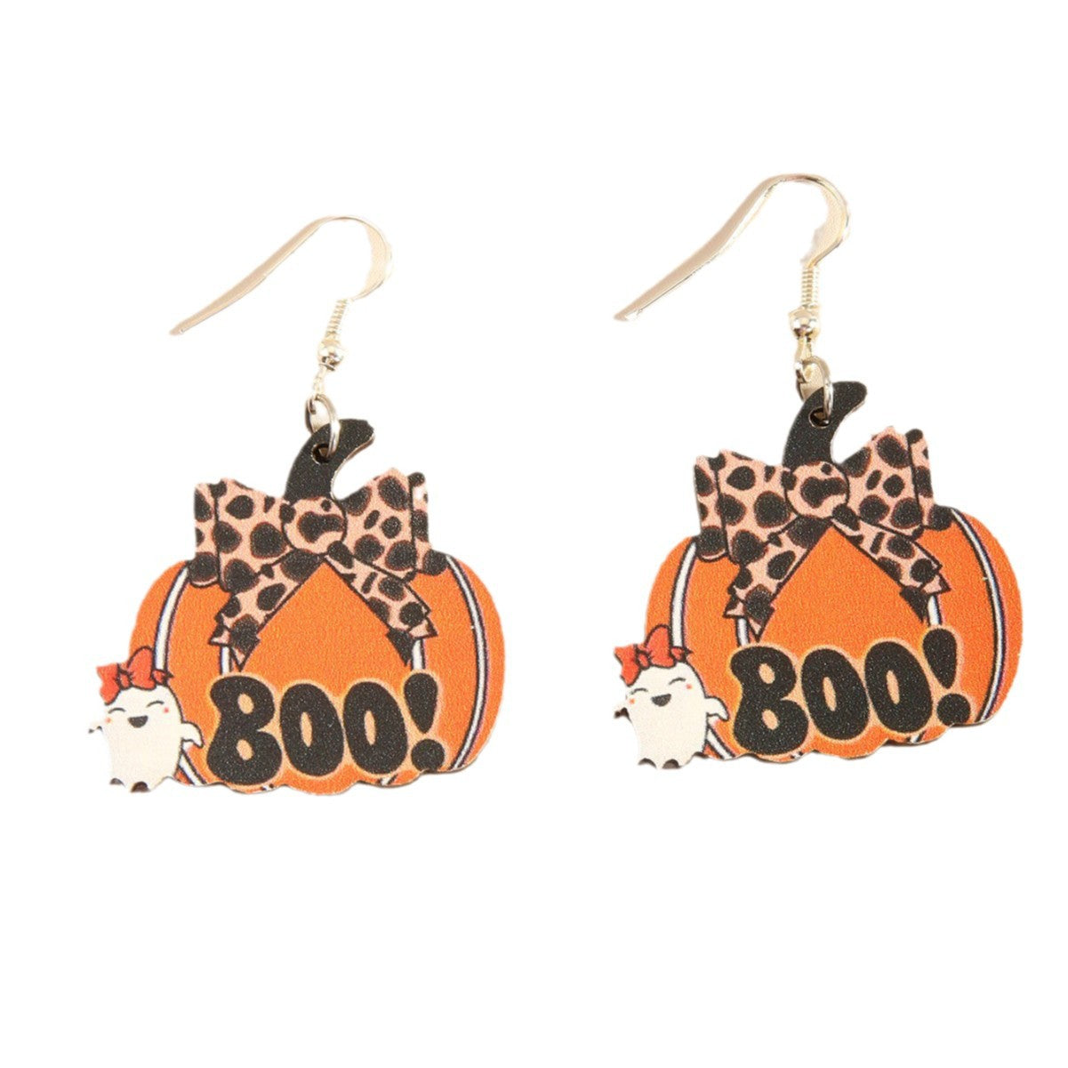 Wholesale  Halloween Pumpkin Small Ghost Bow Leopard Print Wooden Pendant Earrings