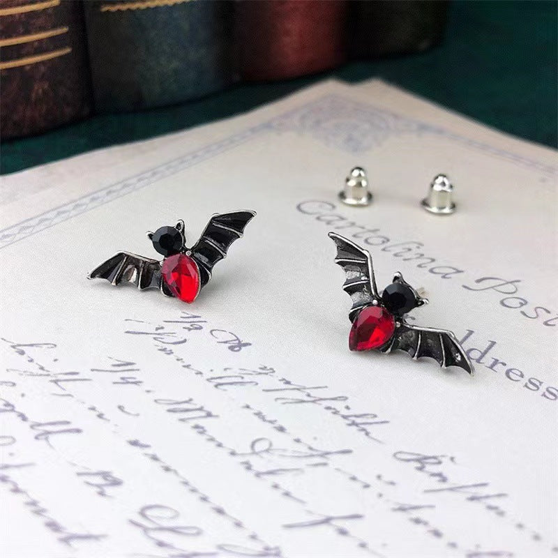Wholesale Vintage Bat Earrings with Red Zircon Drops - Ancient Silver Fashion Accessory for Party,  Gift or Boutique Resale