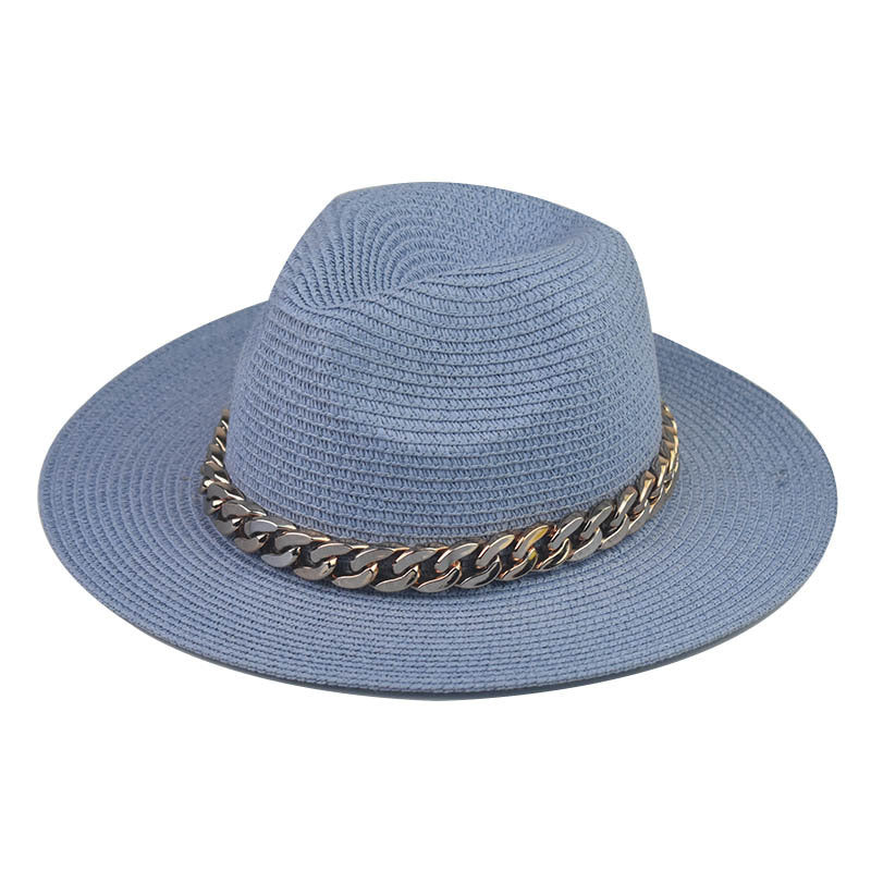Wholesale Trendy Wide Brim Straw Hat With Gold Chain Decoration Flat Top Khaki Sun Hat For Summer Casual Wear