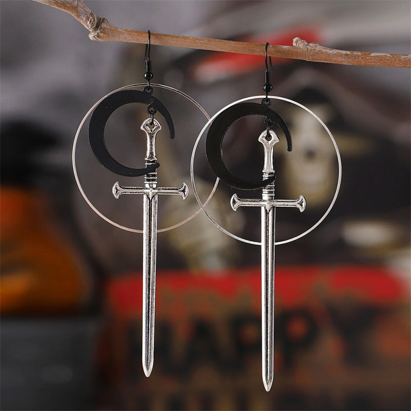 Wholesale Gothic Silver Circle Black Moon Sword Earrings
