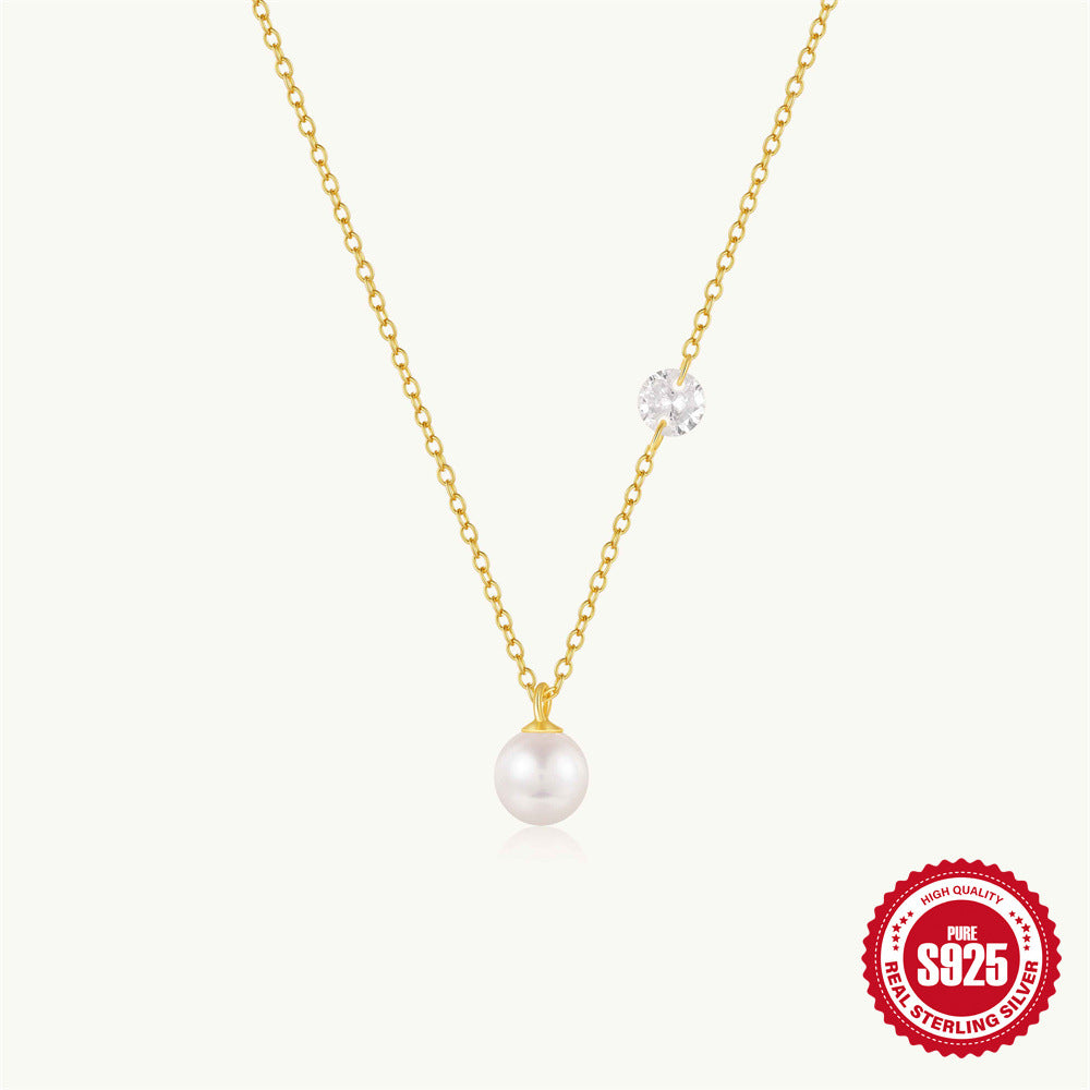 Wholesale S925 Sterling Silver Single Diamond Pearl  Clavicle Chain  Necklace