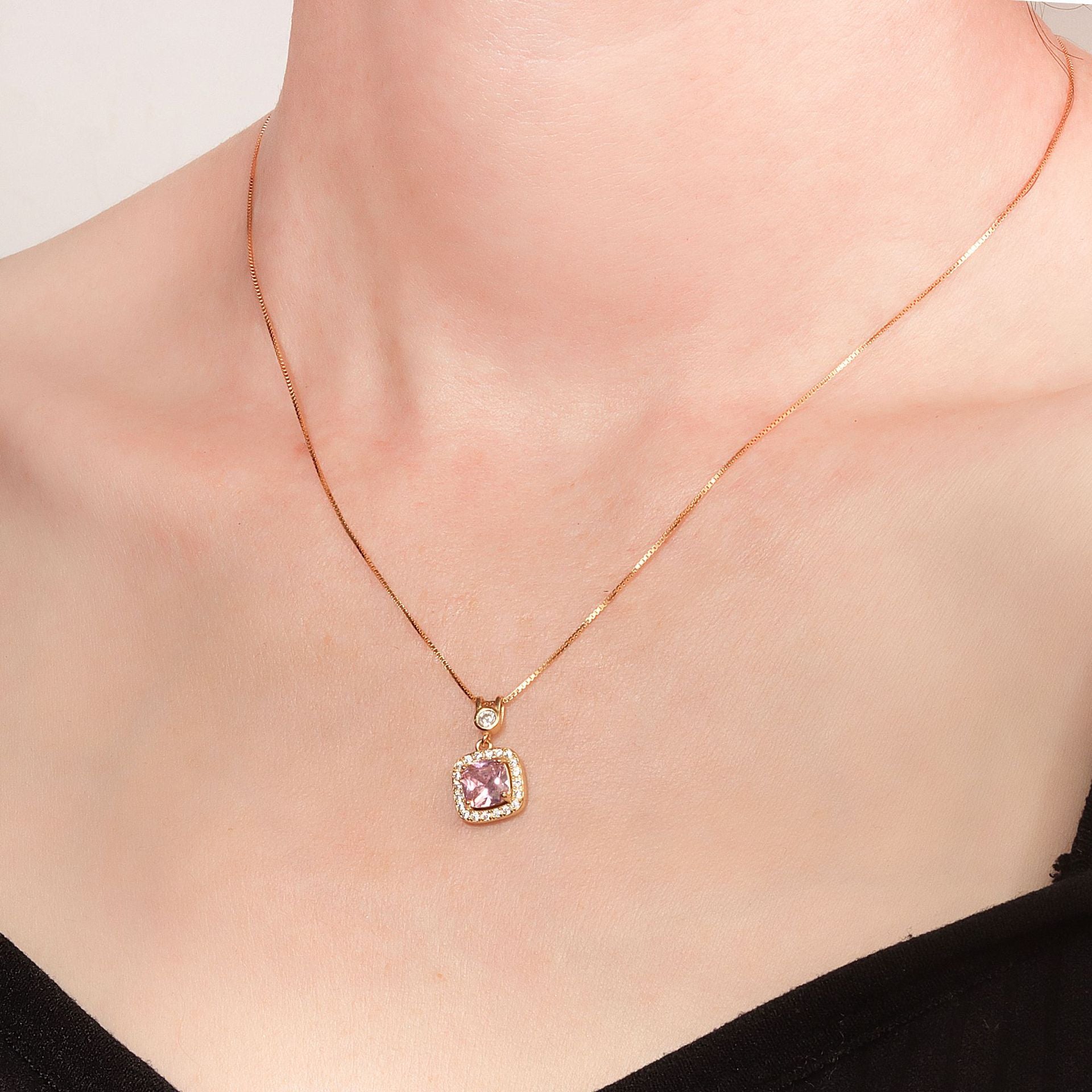 Wholesale All-match zircon square sterling silver necklace luxury pink diamond necklace