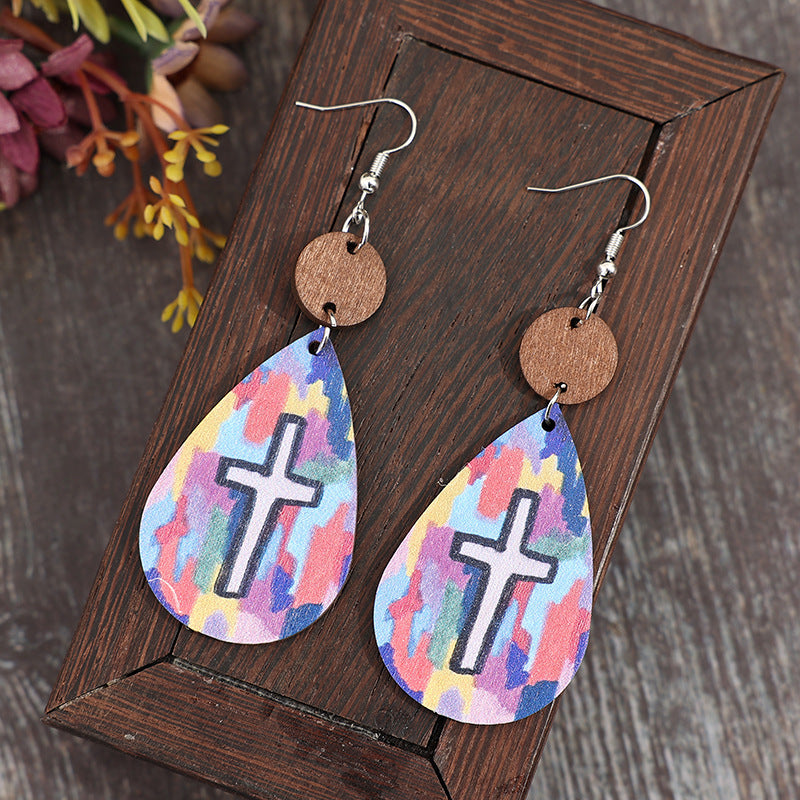 Wholesale Retro style teardrop-shaped stitching log cross wooden earrings