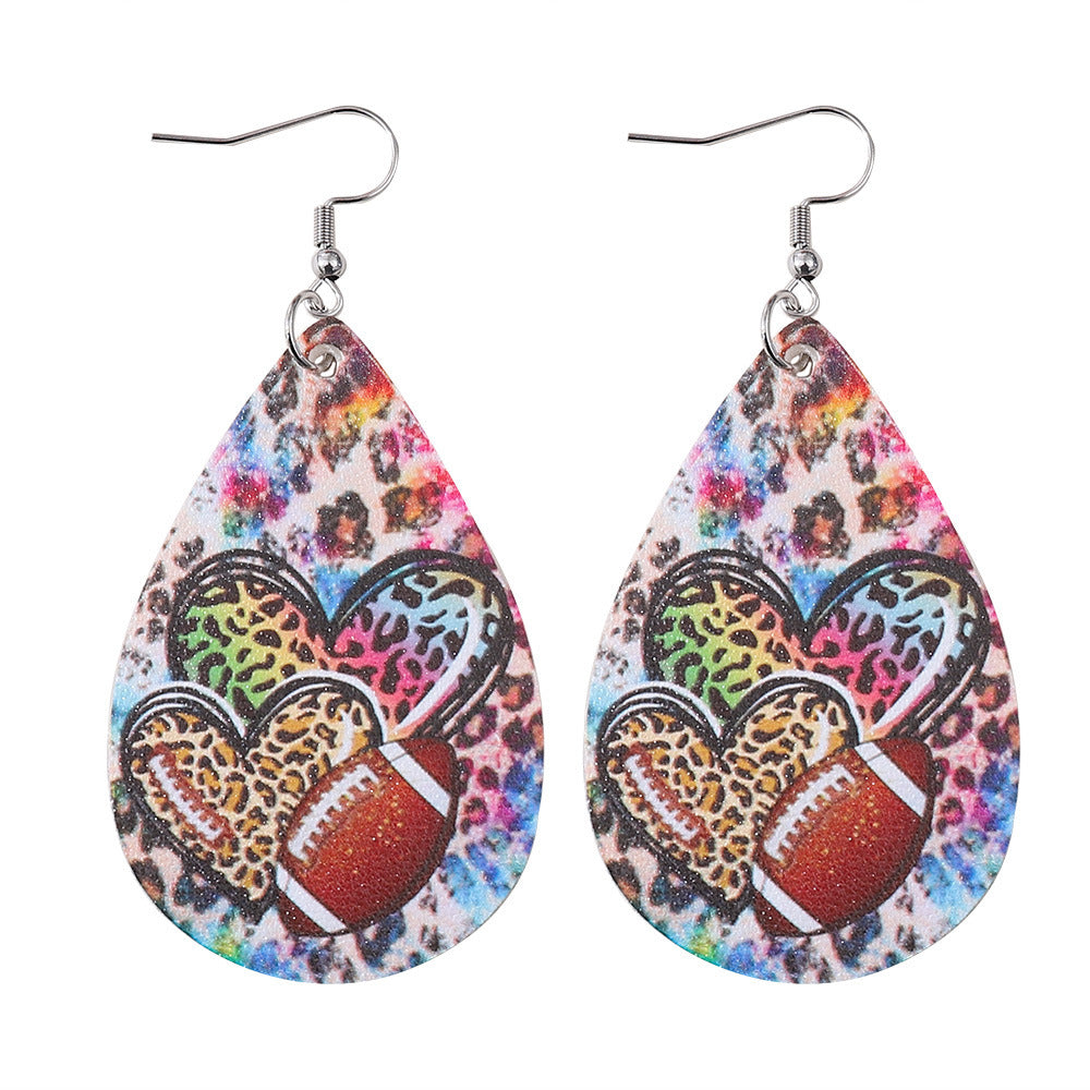 Wholesale Super Bowl Football Leopard Overlap Heart Earrings