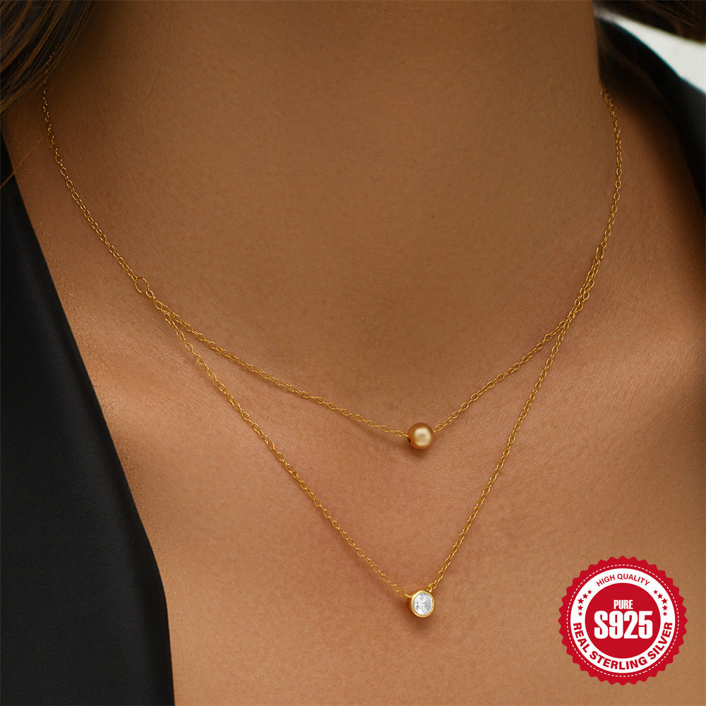 Wholesale 925 Sterling Silver Double Layer Stacked Wear Single Diamond Necklace