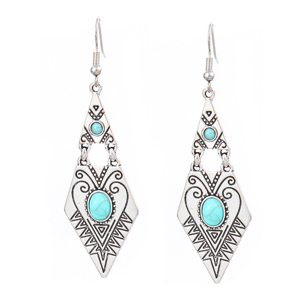 Wholesale Turquoise Geometric Tassel Earrings Antique Silver Retro Fashion Accessory for Everyday Wear or Gift