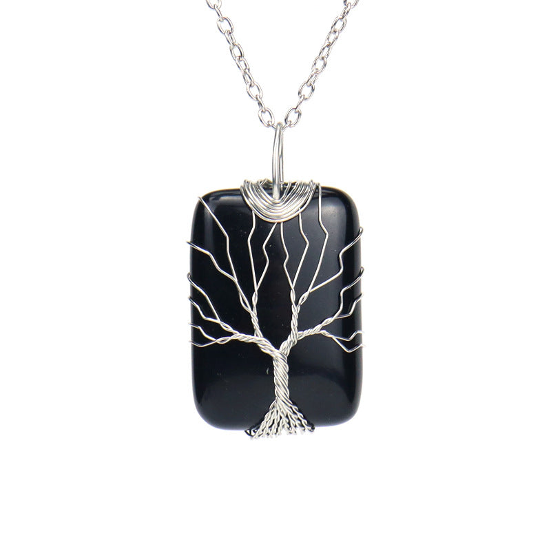 Wholesale Handmade Wire Wrapped Rectangular Tree Of Life Pendant Necklace Natural White Crystal Agate Jewelry Accessory For Resale