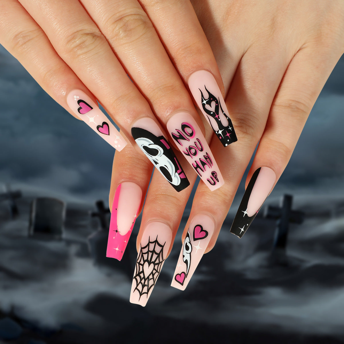 Wholesale 24 Pieces/box Halloween Heart Flame Press-on Nails Kits Nail Stickers  ACC-NS-LeFan116