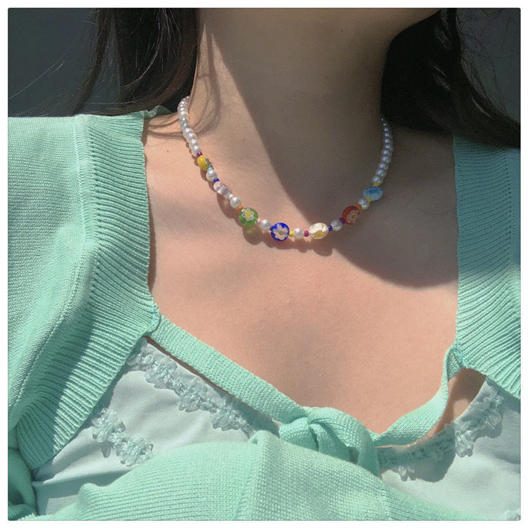Wholesale Small Daisy Glass Millet Beads Clavicle Necklace