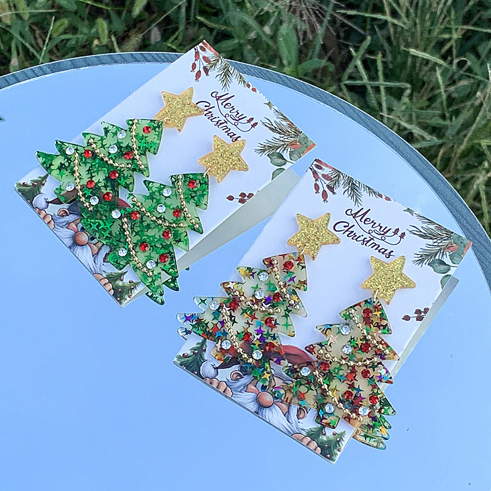 Wholesale Creative Acrylic Christmas Tree Diamond Bead Chain Christmas Earrings