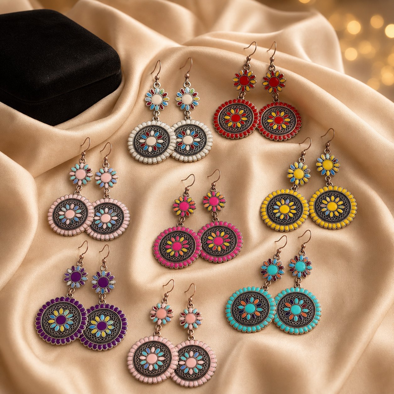 Wholesale Bohemian Geometric Round Oil Drop Earrings Bronze Red Alloy Flower Design Boutique Resale Jewelry Accessory