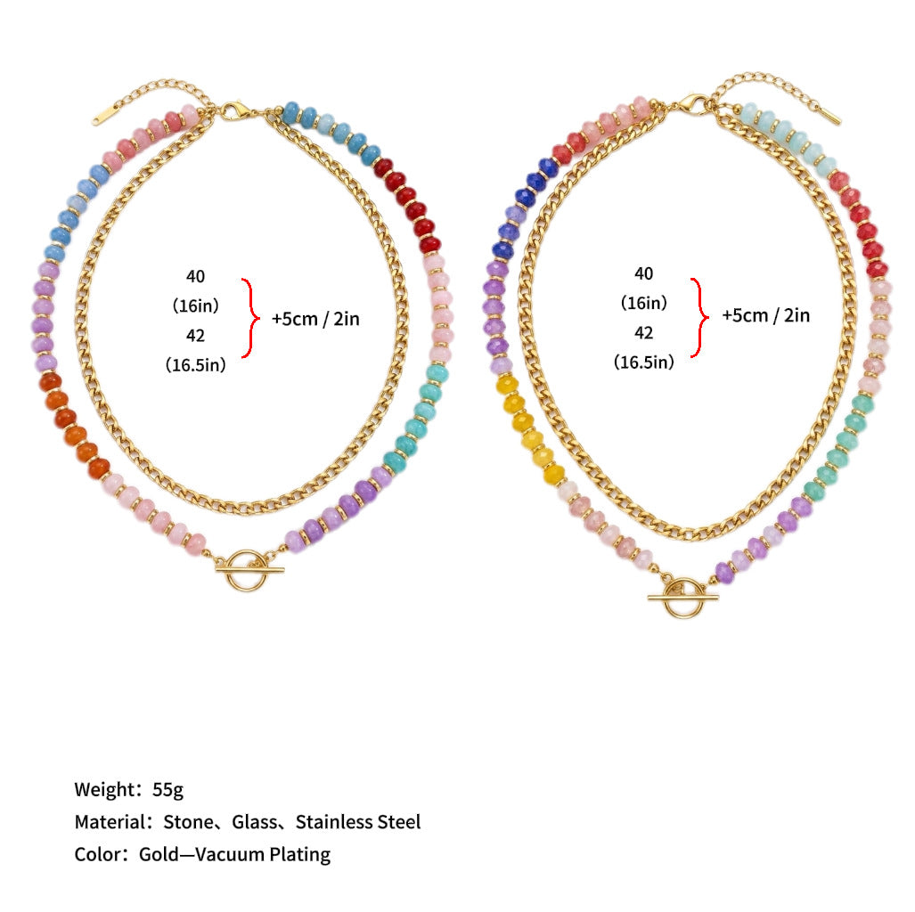 Wholesale Stainless Steel Cuban Chain Necklace Double Layer Natural Stone Abacus Beads Dopamine Style Jewelry Accessory For Women Boutique Gift