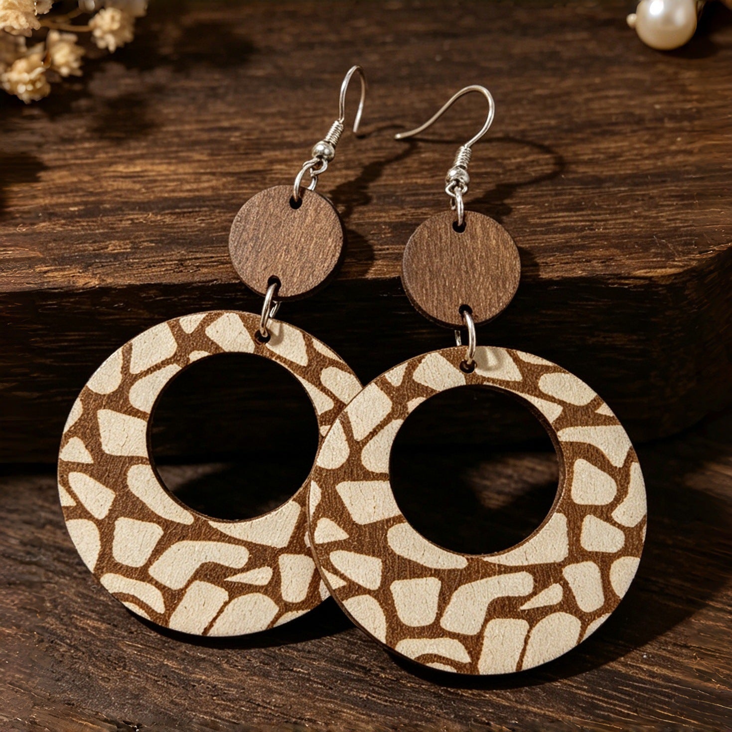 Wholesale Wooden Boho Geometric Dangle Earrings Vintage Stone Grain Double Layer Design For Casual Everyday Wear And Gift