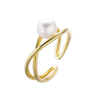 Wholesale S925 Silver Pearl Ring Women's Simple Crossed Geometric Open Finger Ring