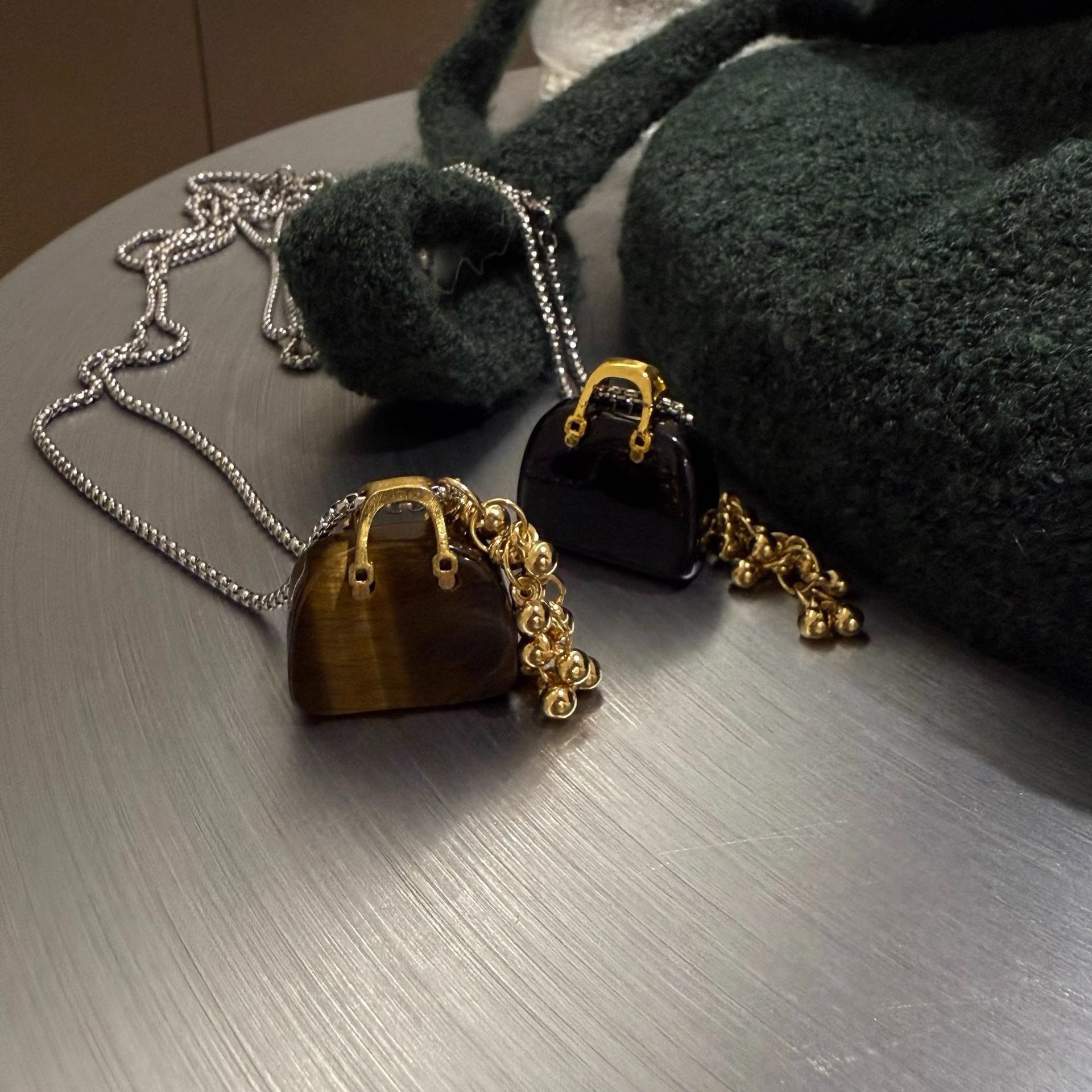 Wholesale Titanium Steel Natural tiger eye stone bag grape string pendant necklace