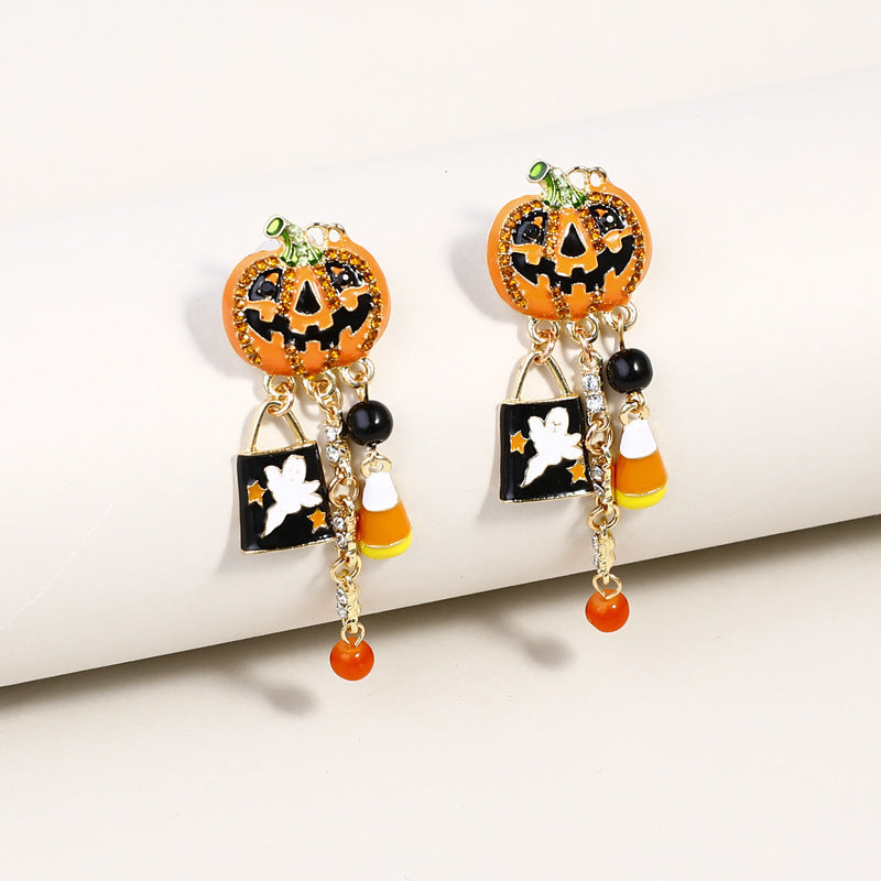 Wholesale Halloween drop oil Diamond pumpkin head ghost pendant earrings