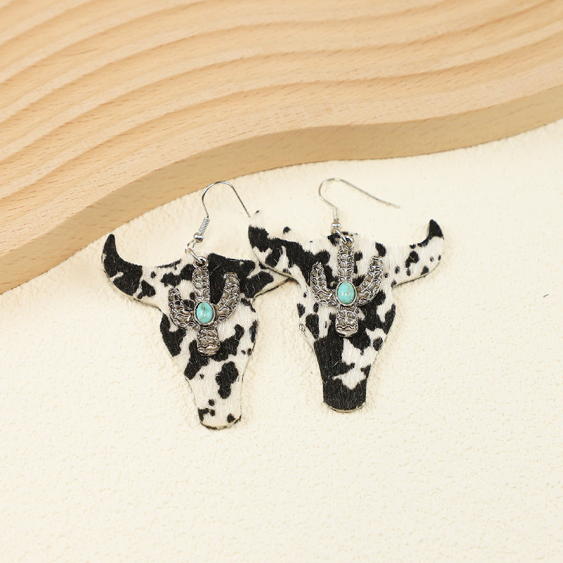 Wholesale Retro cow head leopard print cow pattern PU leather f alloy earrings