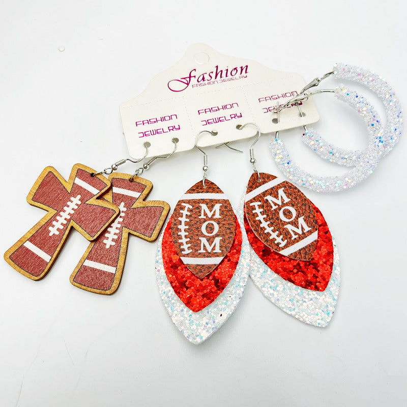 Wholesale 2 Sets Cross Glitter Earrings Rugby Stadium Cheer Football MOM Leather Earrings Set ACC-ES-HY126