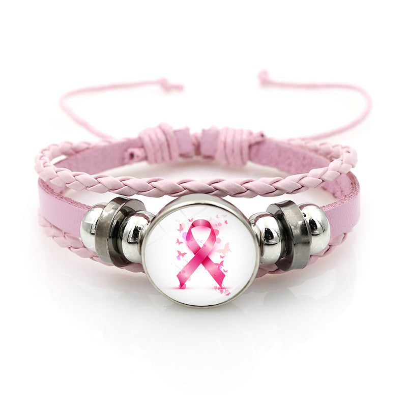 Wholesale Pink Ribbon Breast Consciousness Pink Leather Bracelet