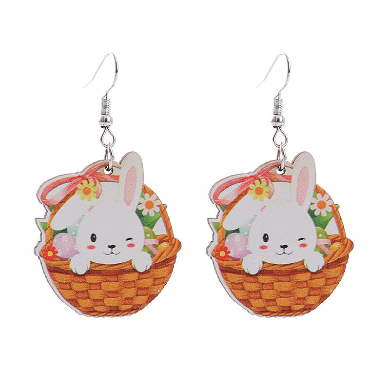 Wholesale Easter Earrings Rabbit Flower Basket Print Wooden Earrings