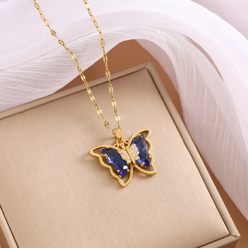 Wholesale Gold Plated Necklace Micro-Inlaid Colored Crystal Butterfly Necklace Titanium Steel Necklace ACC-NE-Nayin004
