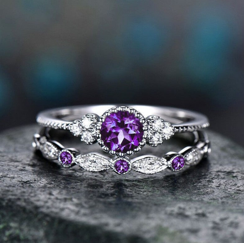 Wholesale Geometric Two Piece Women S Ring Set Purple Alloy Zircon Accent Stylish Boutique Jewelry Accessory