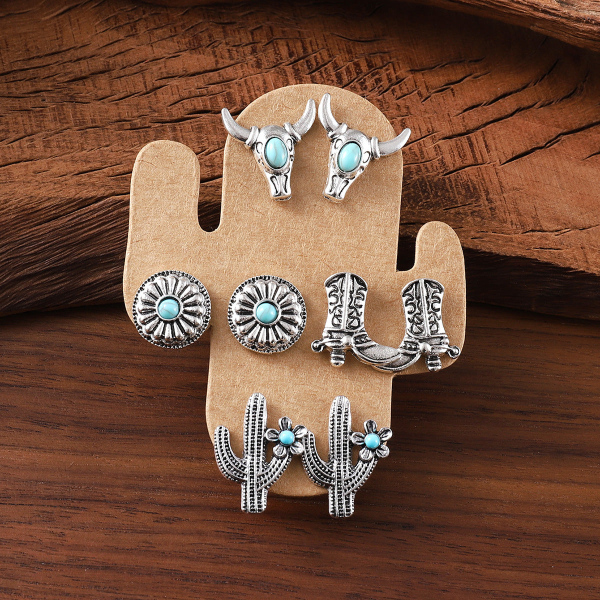 Wholesale Flower horseshoe cactus heart cowboy boots stud earrings set