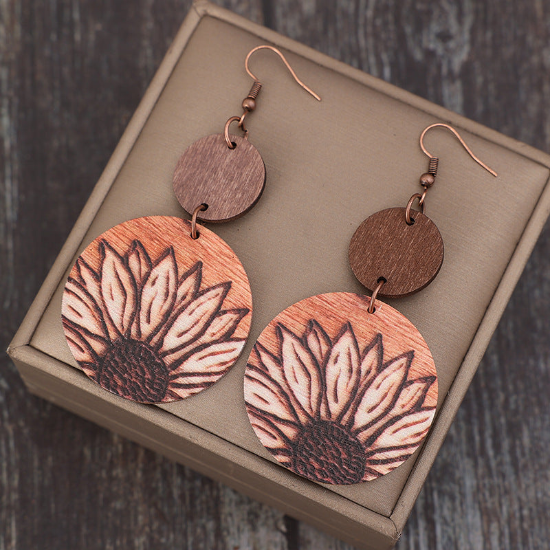 Wholesale Retro Bohemian Printed Flower Wooden Earrings Fashion Accessory