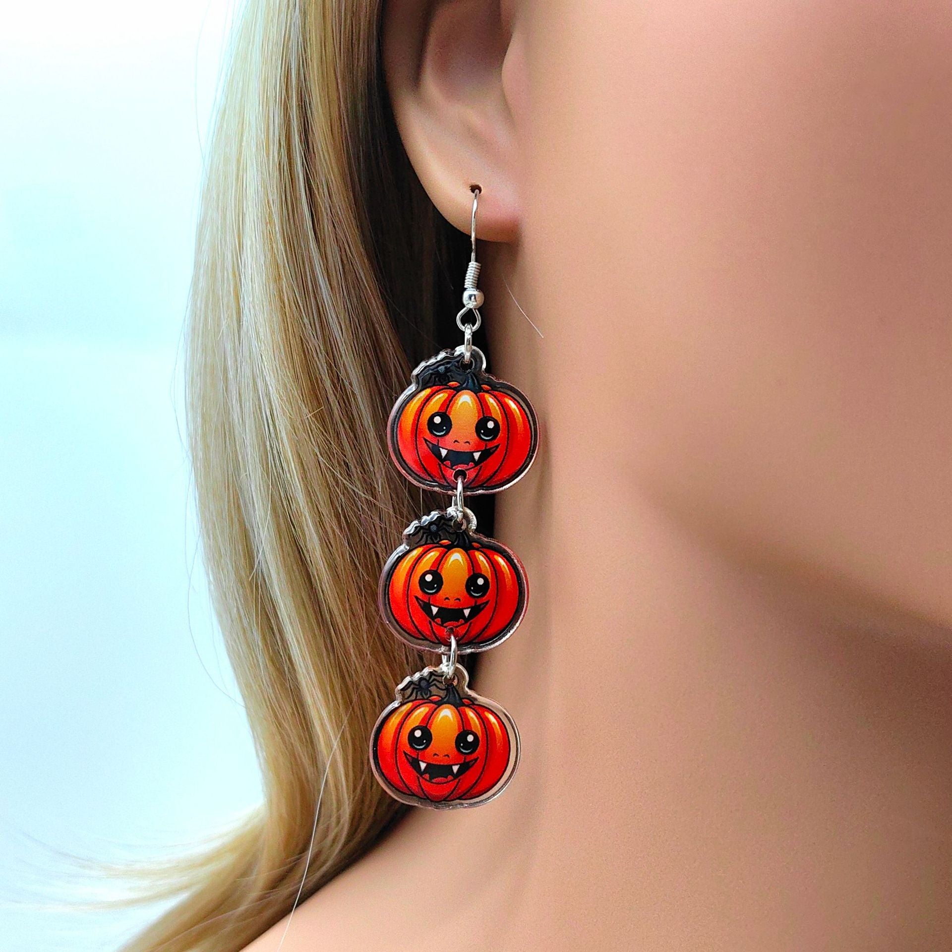 Wholesale Halloween Cartoon Funny Acrylic Double-sided Pumpkin Print Earrings ACC-ES-XiZhao023