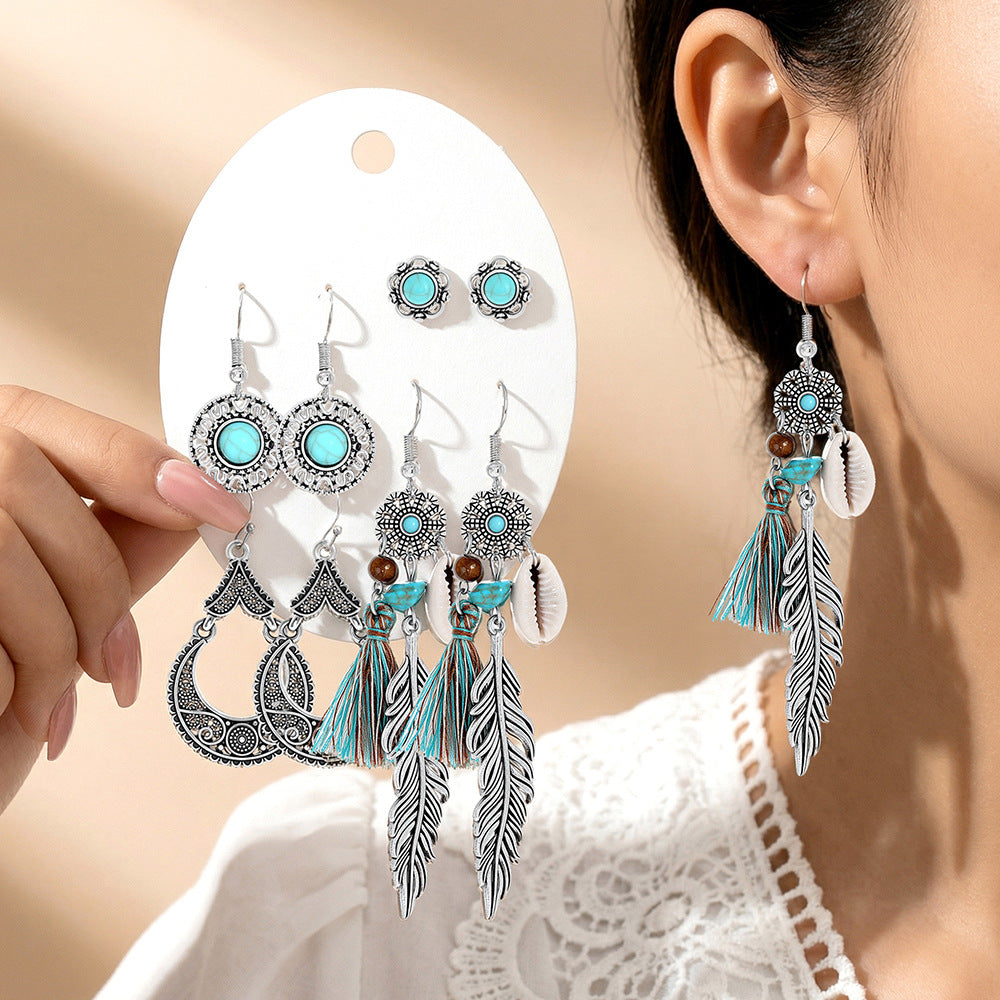 Wholesale Turquoise Tassel Earrings Set - Bohemian Ethnic Style