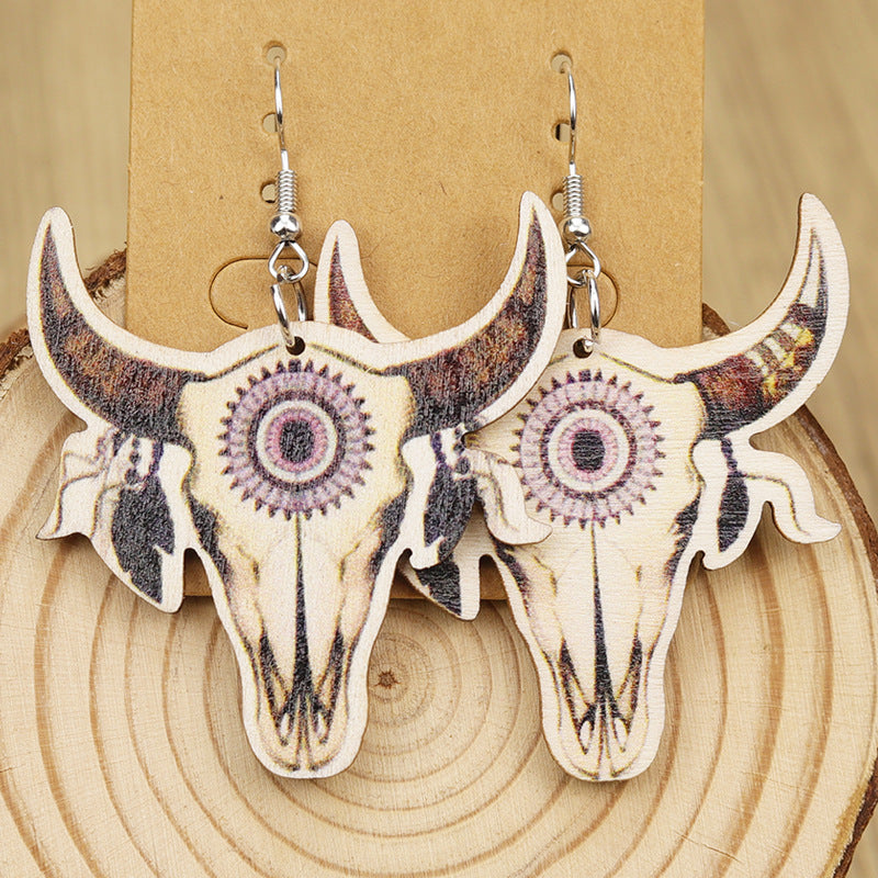 Wholesale Western Old Style Ethnic Style Sunflower Bull Head Leopard Print Round Wooden Earrings
