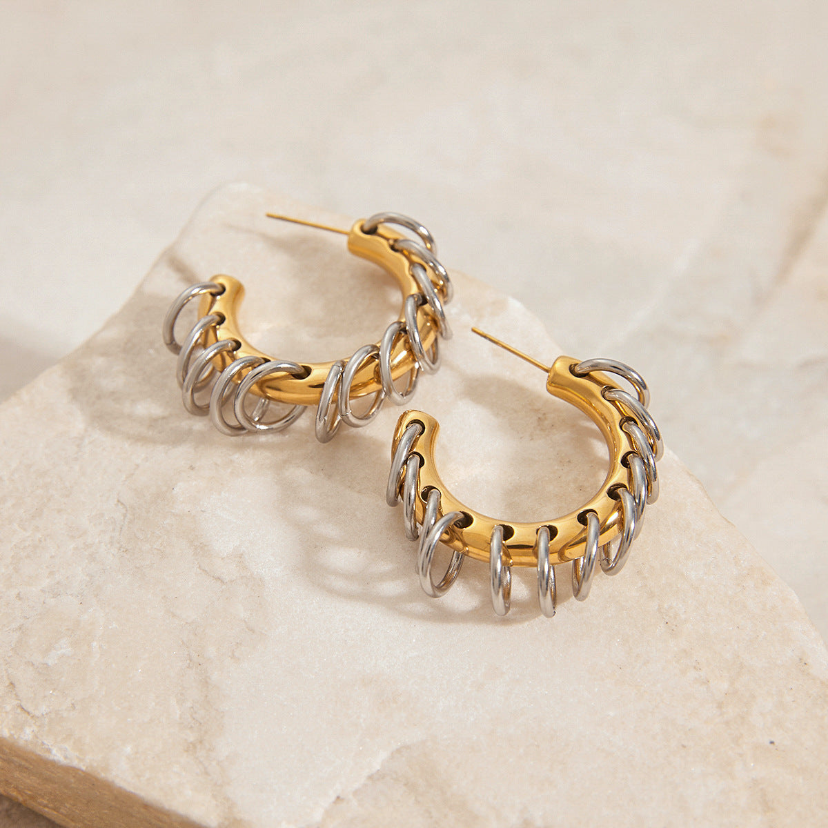 Wholesale Stainless steel  18K gold-plated C- shaped ring circle tassel earrings