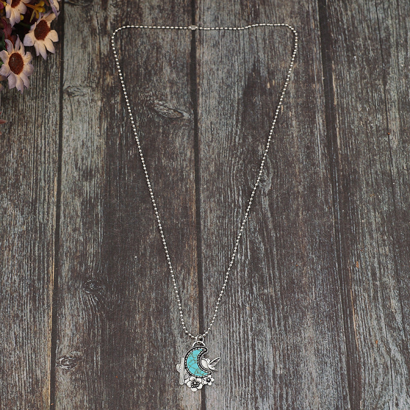 Wholesale Vintage Alloy Necklace with Turquoise Inlay Cactus Flower Bird Pendant Jewelry Accessory