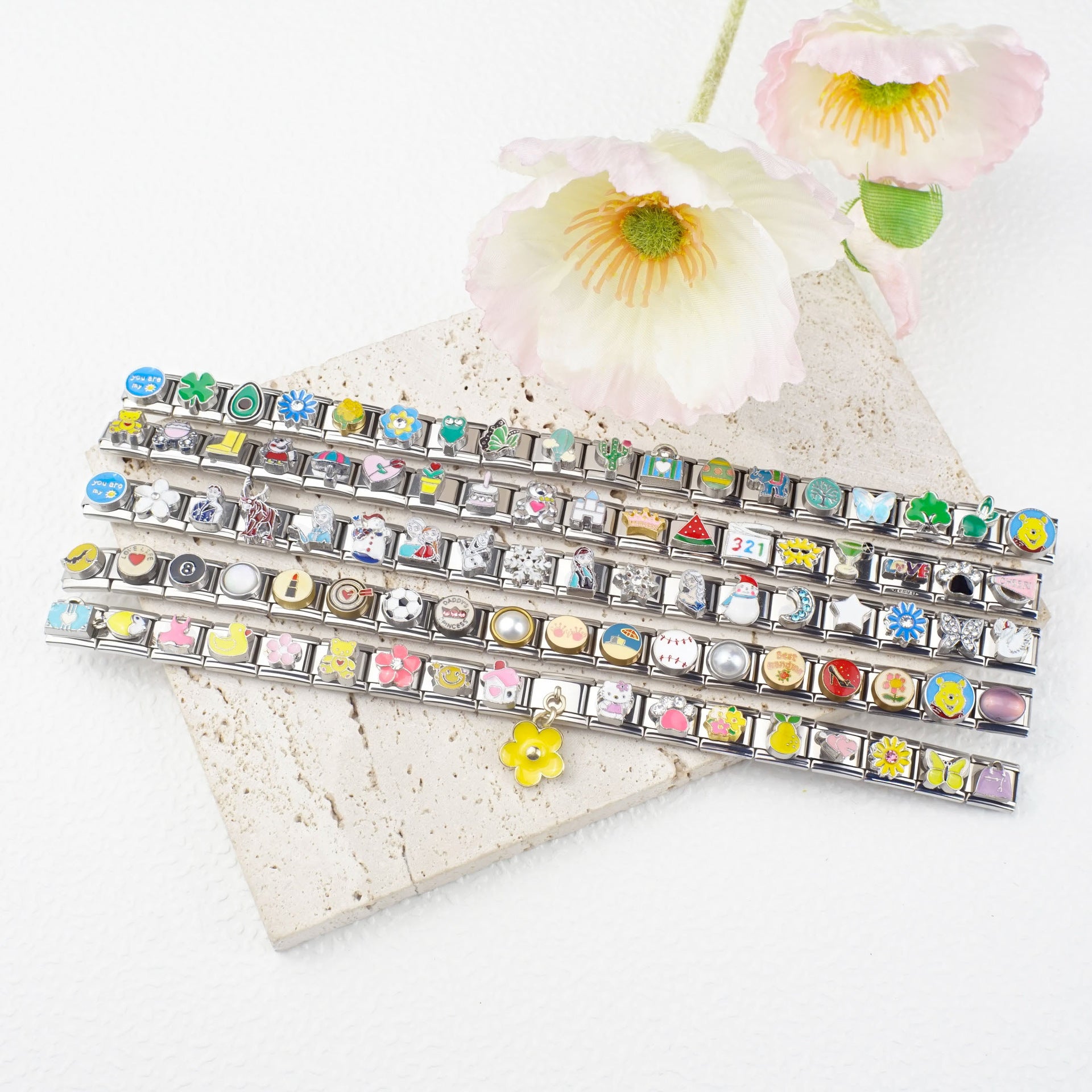 Wholesale 5pcs/pack Cartoon Italian Charms Single Section Creative Stainless Steel Composable Bracelet
