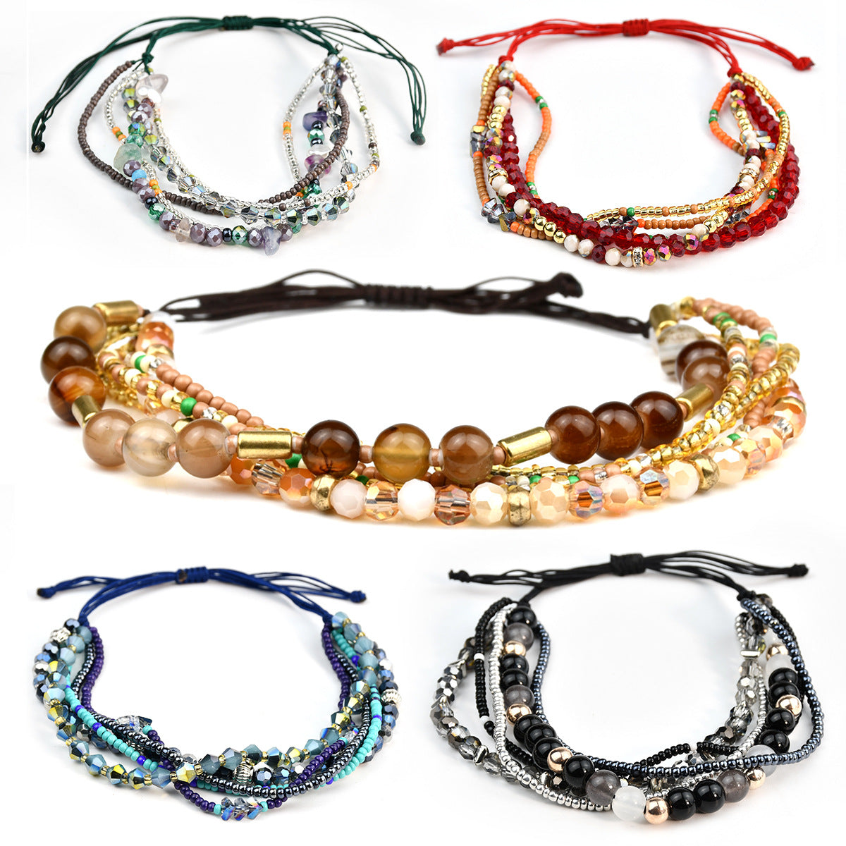 Wholesale Geometric Multi-Layer Woven Colorful Crystal Bead Bracelet,  Women' s Fashion Jewelry Gift for Boutique Resale